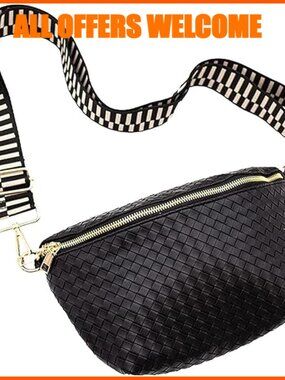 Vegan Leather Woven Crossbody Bag Adjustable Strap Spacious